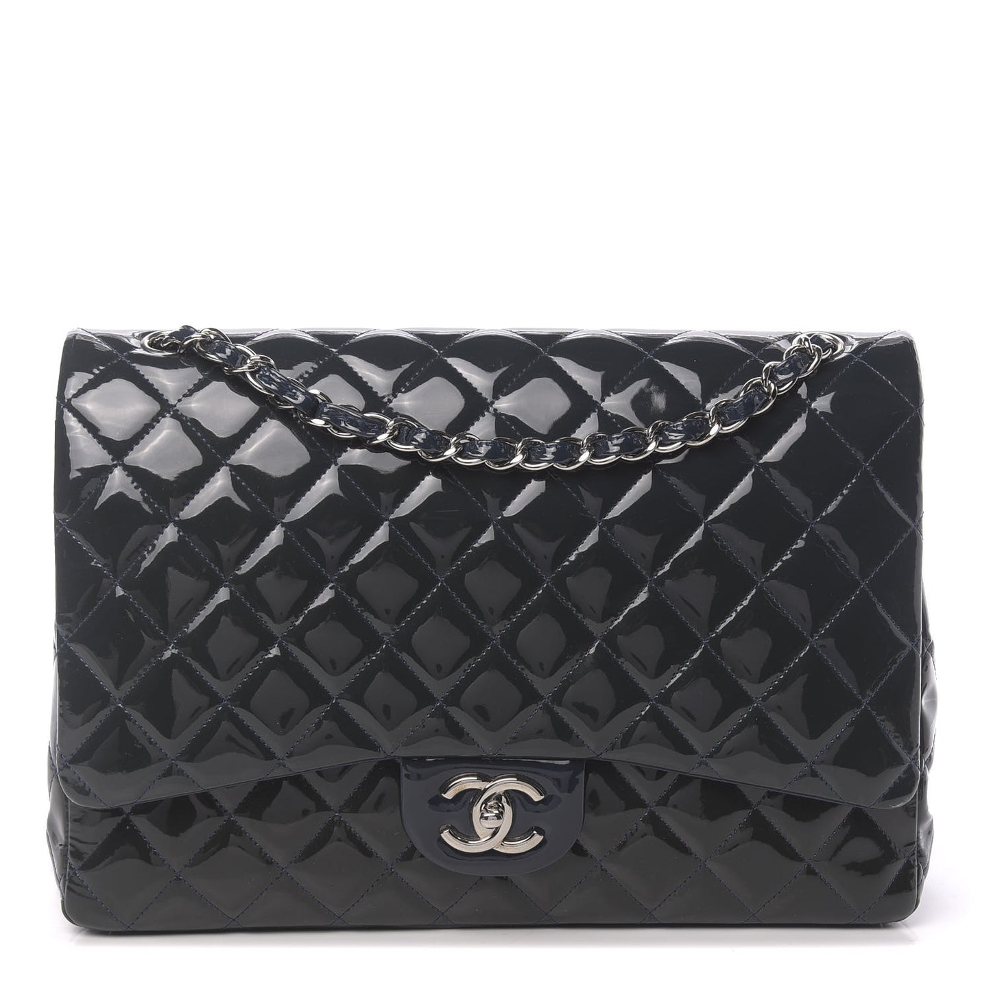 Patent Quilted Maxi Double Flap Navy Blue