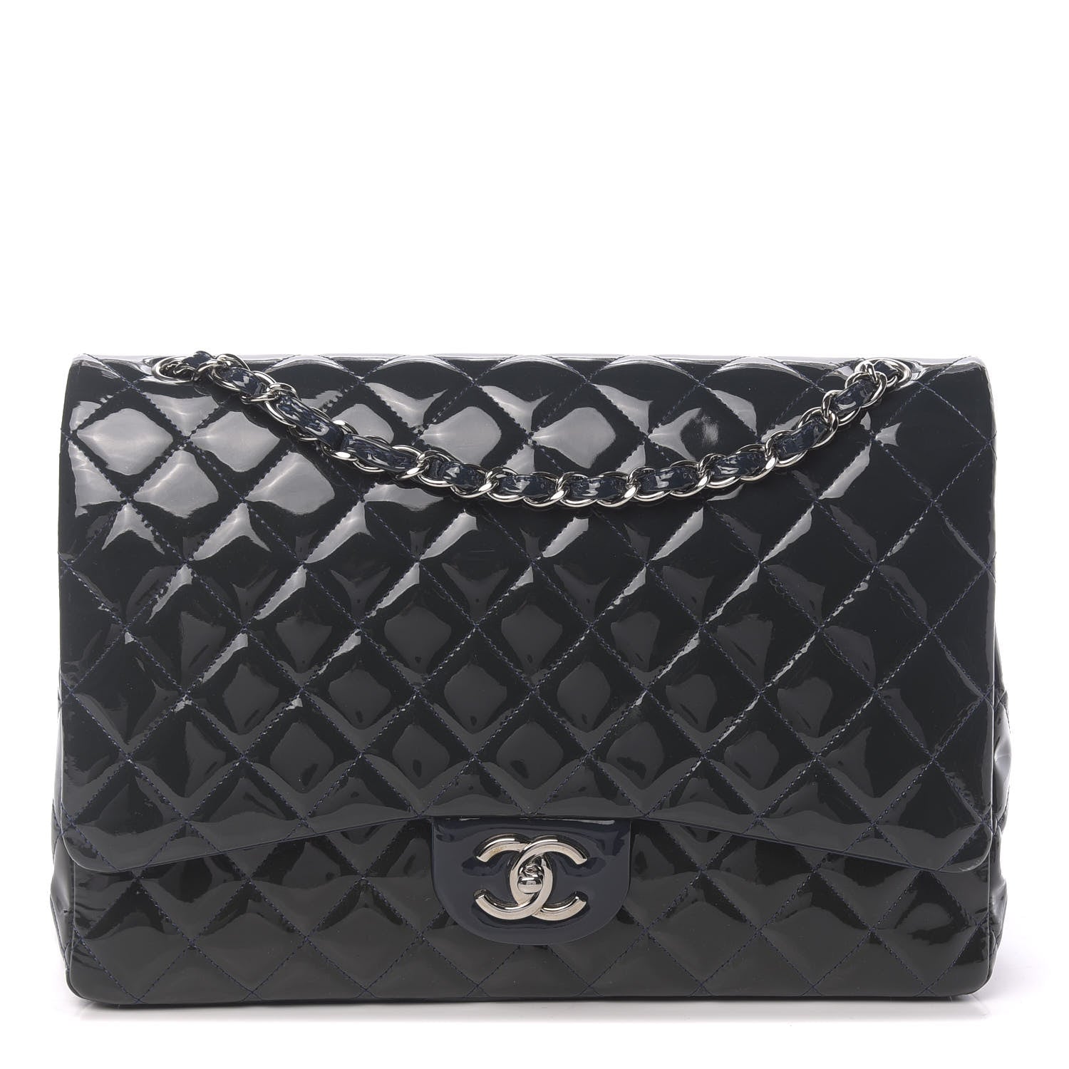 Chanel Patent Quilted Maxi Double Flap Navy Blue 1 of 15