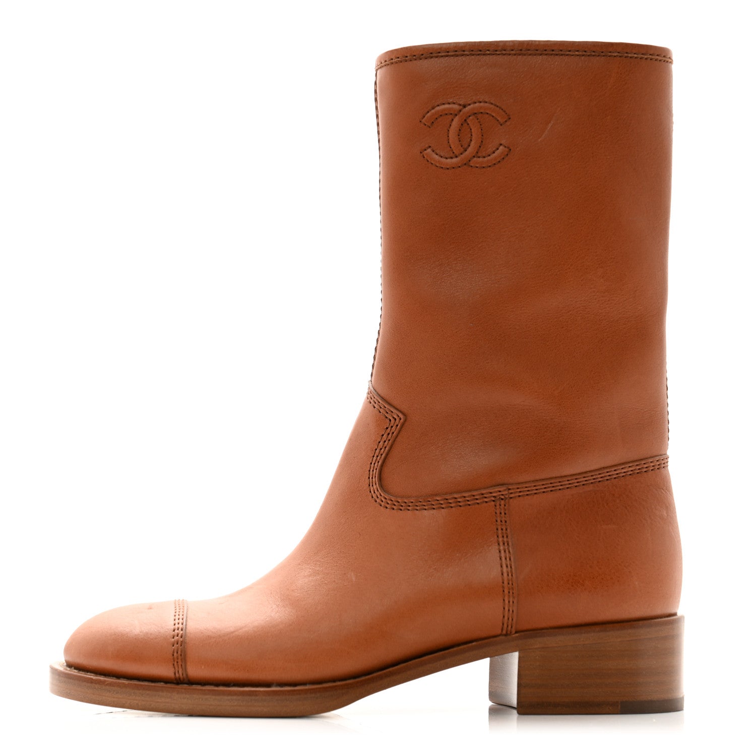 Chanel Calfskin CC Logo Mid Calf Boots 37 Caramel 1 of 12