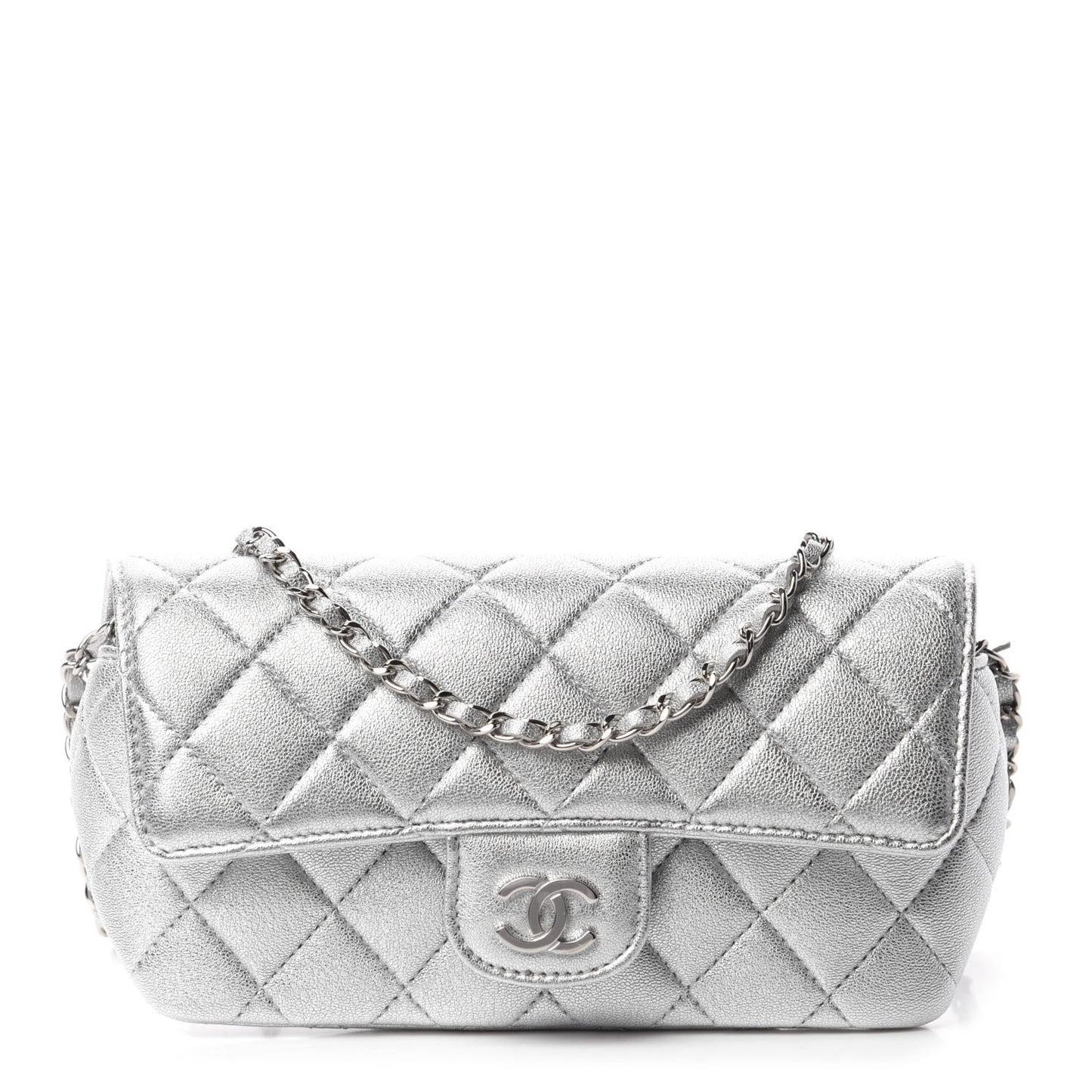 Metallic Lambskin Quilted Glasses Case With Chain Silver