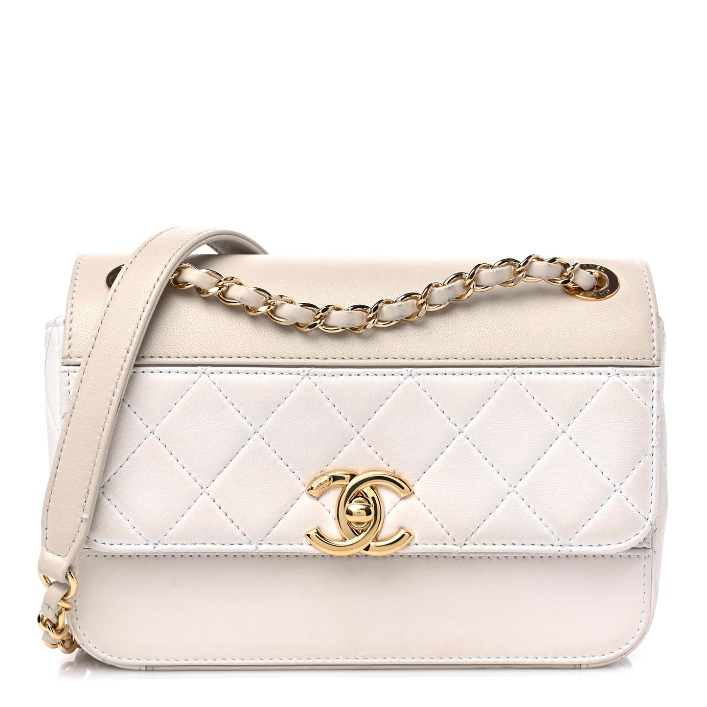 Lambskin Calfskin Quilted Shoulder Flap Bag Beige White
