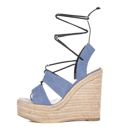 Saint Laurent Denim Stone Wash 95 Platform Lace Up Espadrille Wedge Sandals 38 Ultramar 1 of 12
