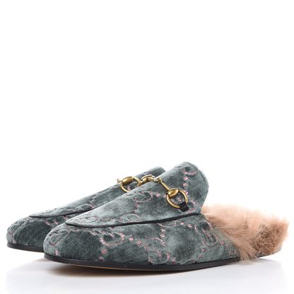Gucci Velvet GG Monogram Fur Womens Princetown Slippers 35 Avio Dusty Pink 3 of 8