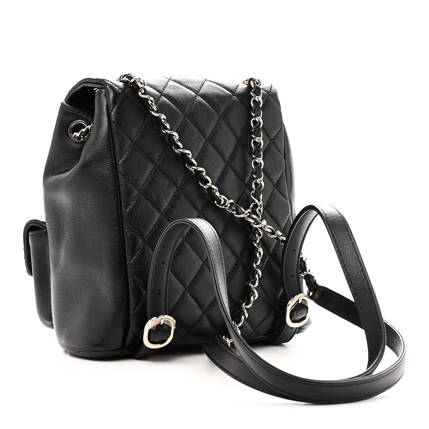 Calfskin Quilted Medium Duma Pockets Drawstring Backpack Black