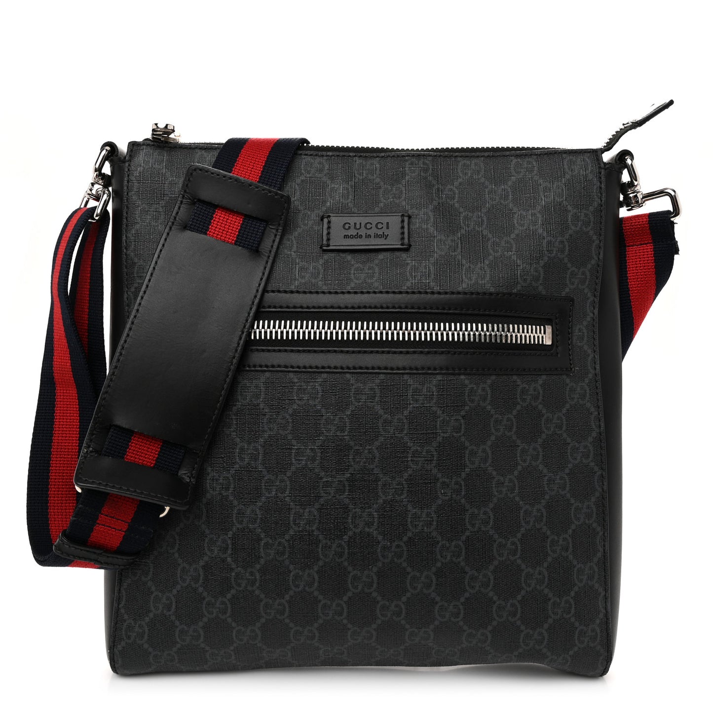 GG Supreme Monogram Appia Calfskin Web Flat Messenger Bag Black Grey