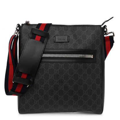Gucci GG Supreme Monogram Appia Calfskin Web Flat Messenger Bag Black Grey 1 of 11