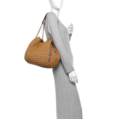 Gucci Raffia Effect Large GG Marmont Shoulder Tote Bag Natural Red Green 2 of 10