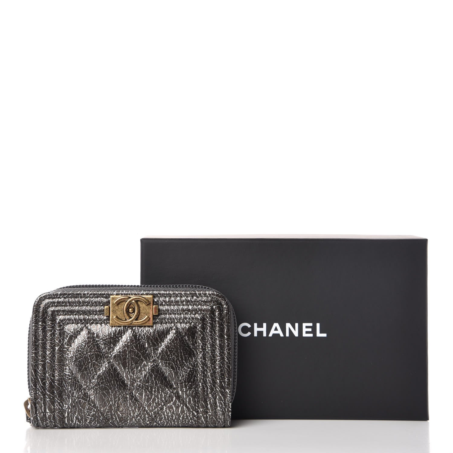 Chanel Cracked Metallic Calfskin Quilted Boy Zip Around Coin Purse Wallet Dark Silver 10 of 10
