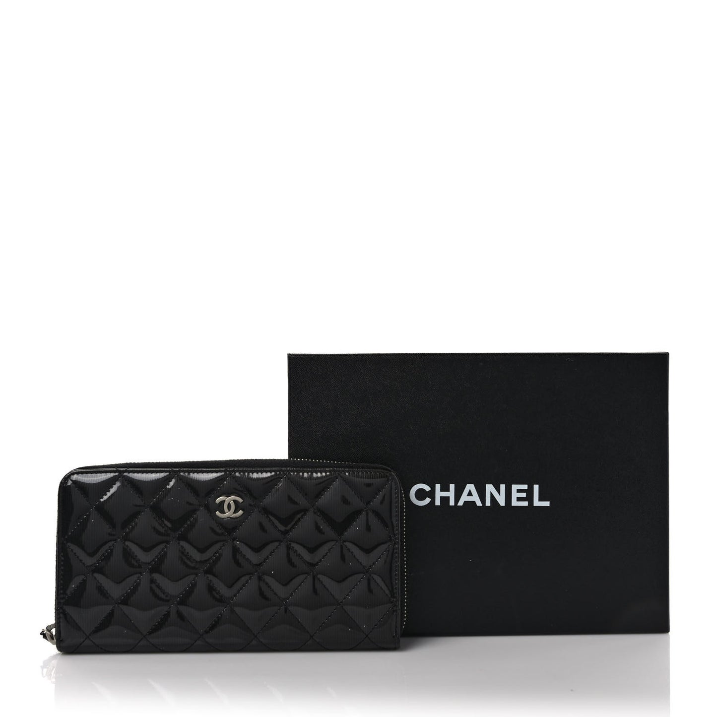 Striated Patent Zip Around Wallet Black