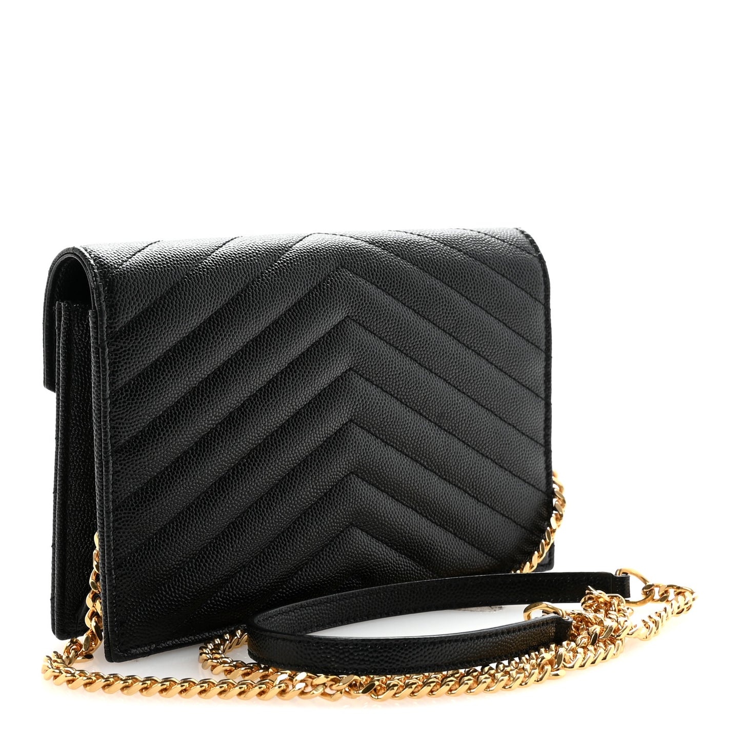 Grain De Poudre Matelasse Chevron Monogram Envelope Chain Wallet Black