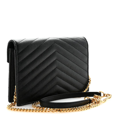 Saint Laurent Grain De Poudre Matelasse Chevron Monogram Envelope Chain Wallet Black 3 of 10