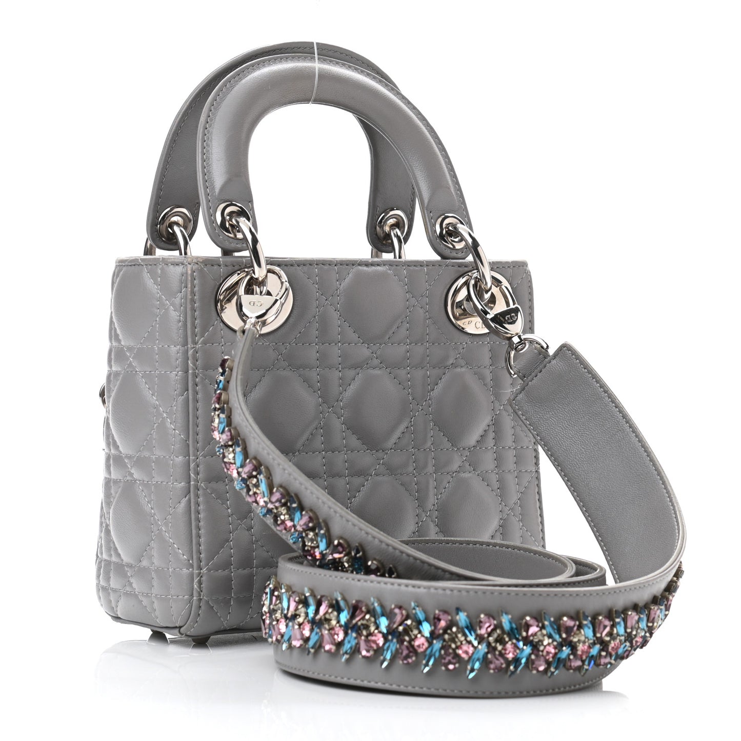 Lambskin Cannage Mini Lady Dior Crystal Strap Grey