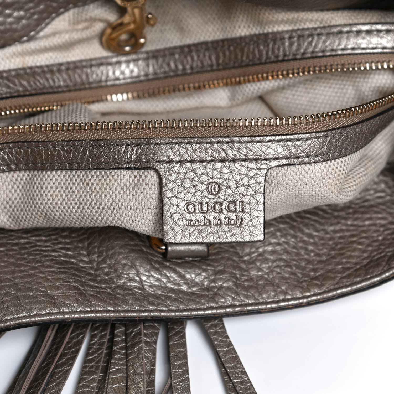 Gucci Metallic Pebbled Calfskin Medium Soho Chain Shoulder Bag Golden Beige 6 of 13