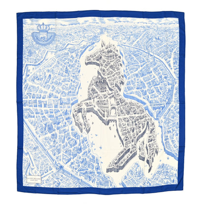 Hermes Cashmere Silk La Cite Cavaliere Shawl 140 Bleu Roy White Encre 1 of 4