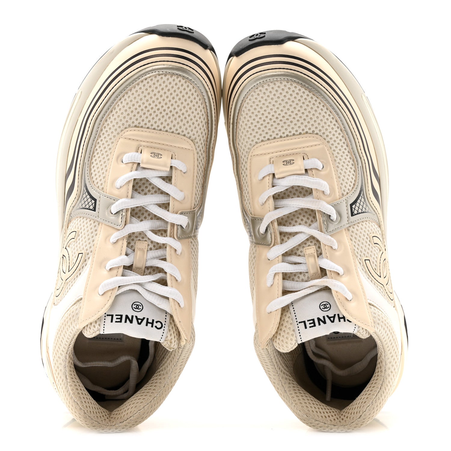 Chanel Fabric Laminated Calfskin Stretch CC Sneakers 37 Ivory White Silver 2 of 14