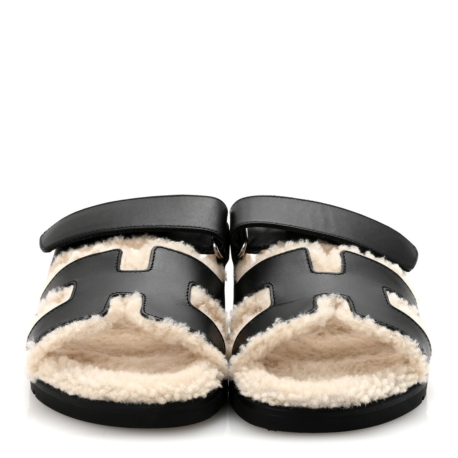 Hermes Calfskin Woolskin Womens Chypre Sandals 35.5 Black Ecru 3 of 9