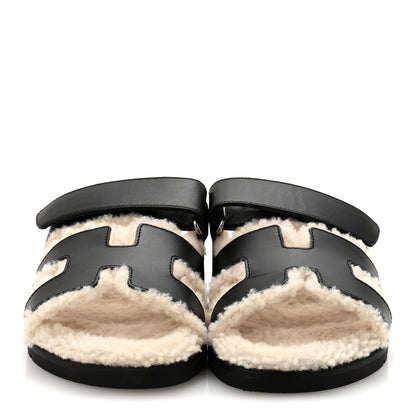 Hermes Calfskin Woolskin Womens Chypre Sandals 35.5 Black Ecru 3 of 9