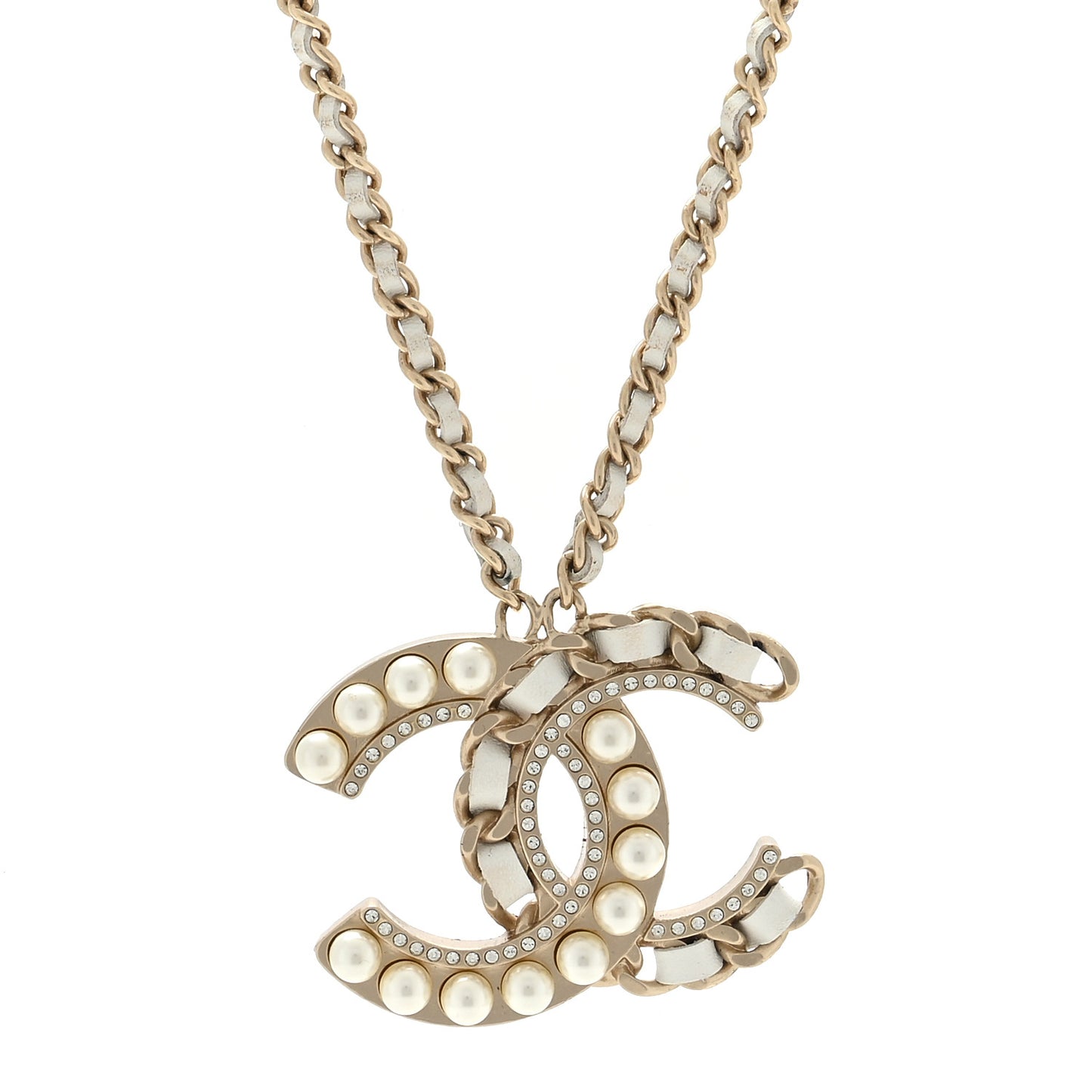 Pearl Crystal Lambskin Chain CC Necklace White Gold