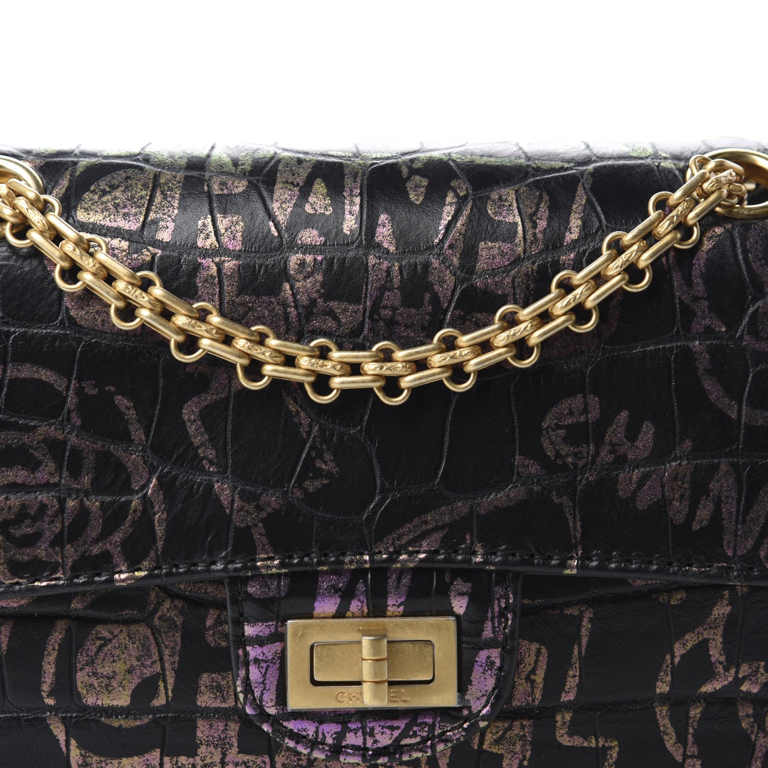 Chanel Calfskin Crocodile Embossed Graffiti 2.55 Mini Cocodile Reissue Flap Black Pink 11 of 12