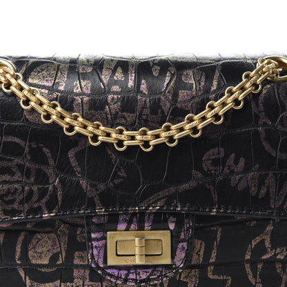 Chanel Calfskin Crocodile Embossed Graffiti 2.55 Mini Cocodile Reissue Flap Black Pink 11 of 12