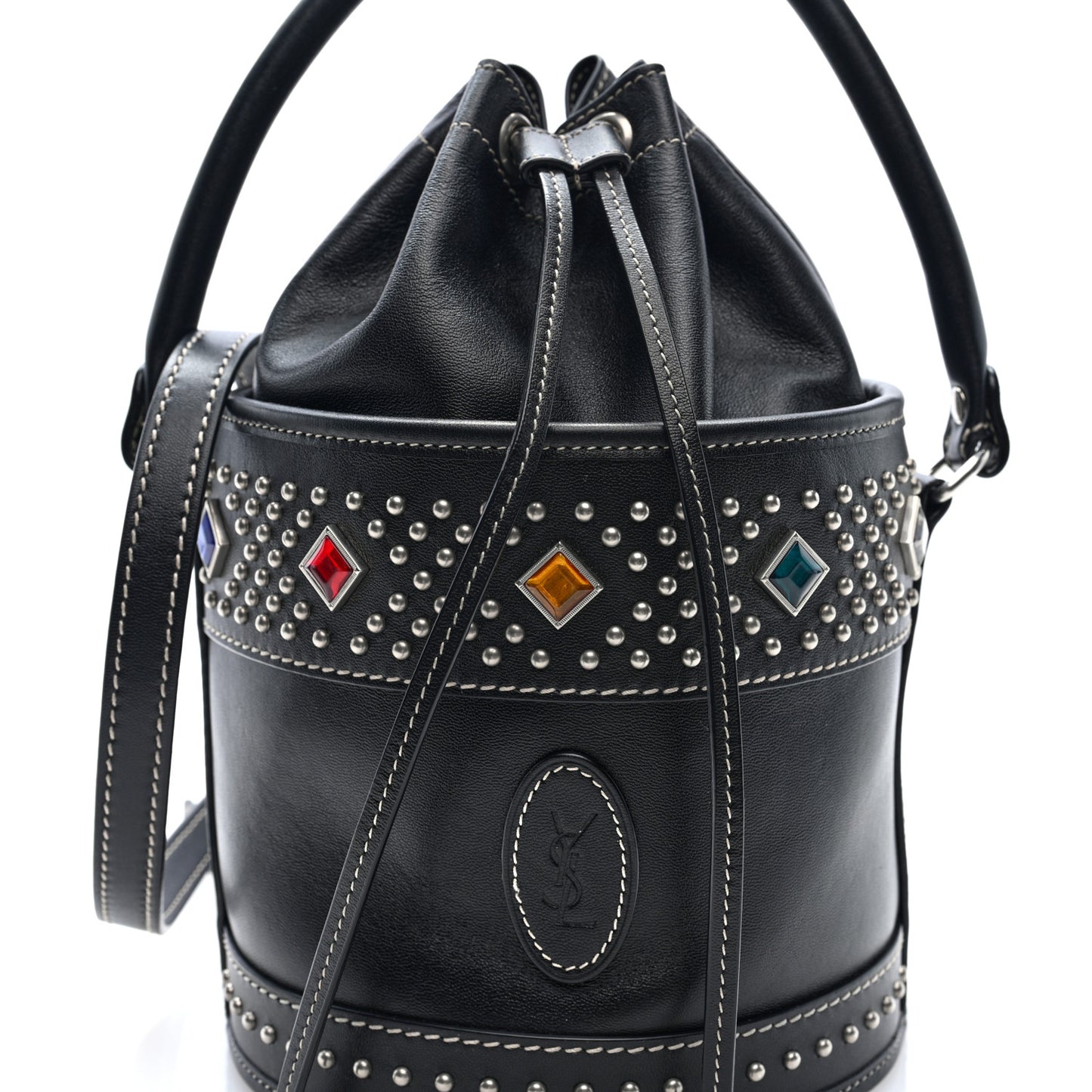 Smooth Calfskin Studded Small Bahia Drawstring Bucket Bag Black Multicolor