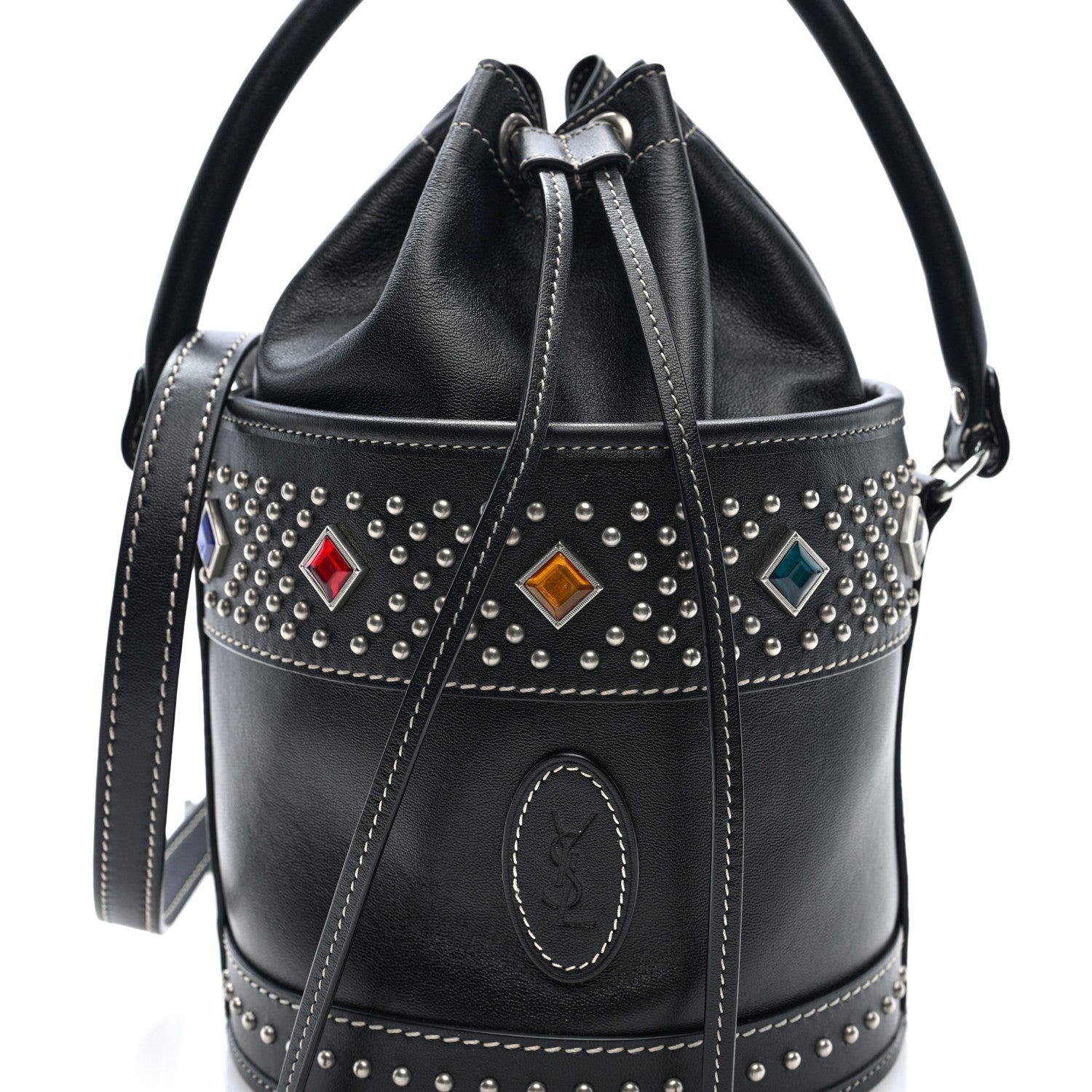 Saint Laurent Smooth Calfskin Studded Small Bahia Drawstring Bucket Bag Black Multicolor 7 of 9