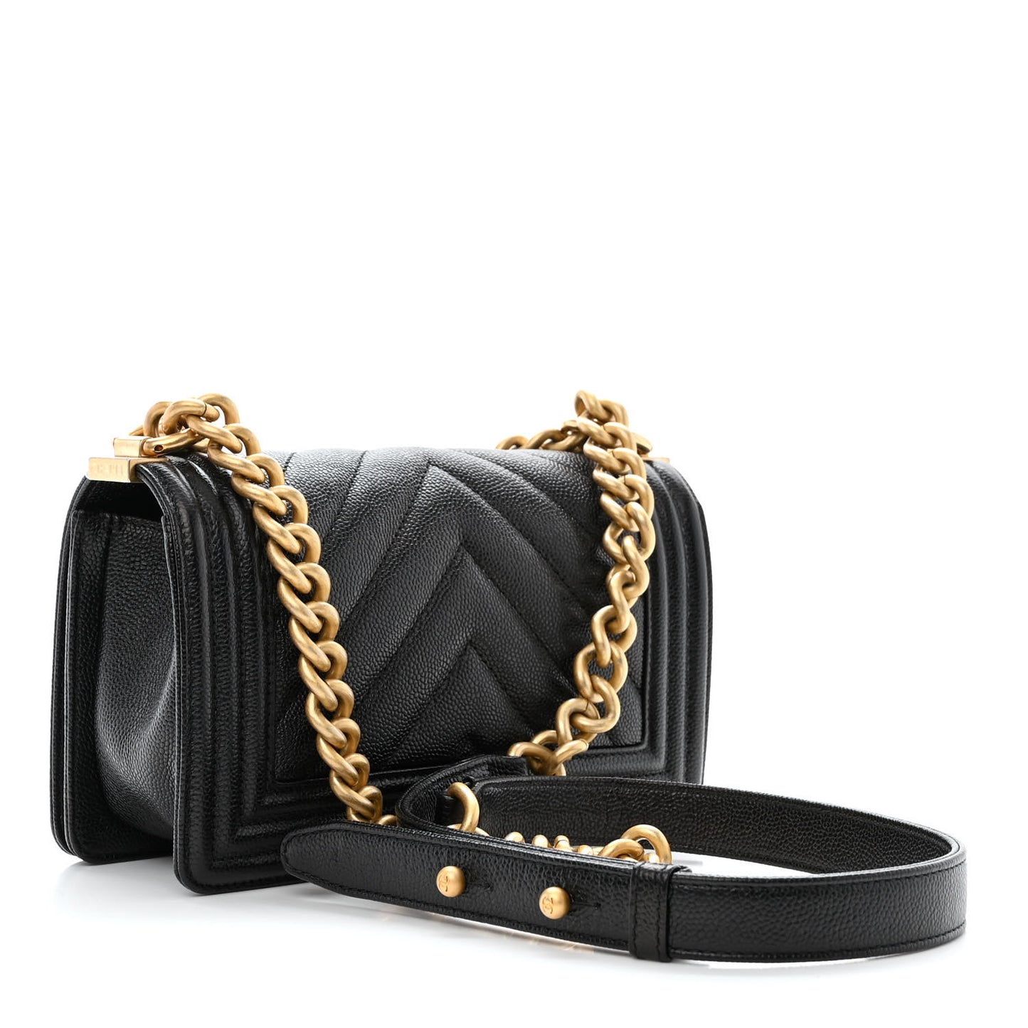 Caviar Chevron Quilted Small Boy Flap Black