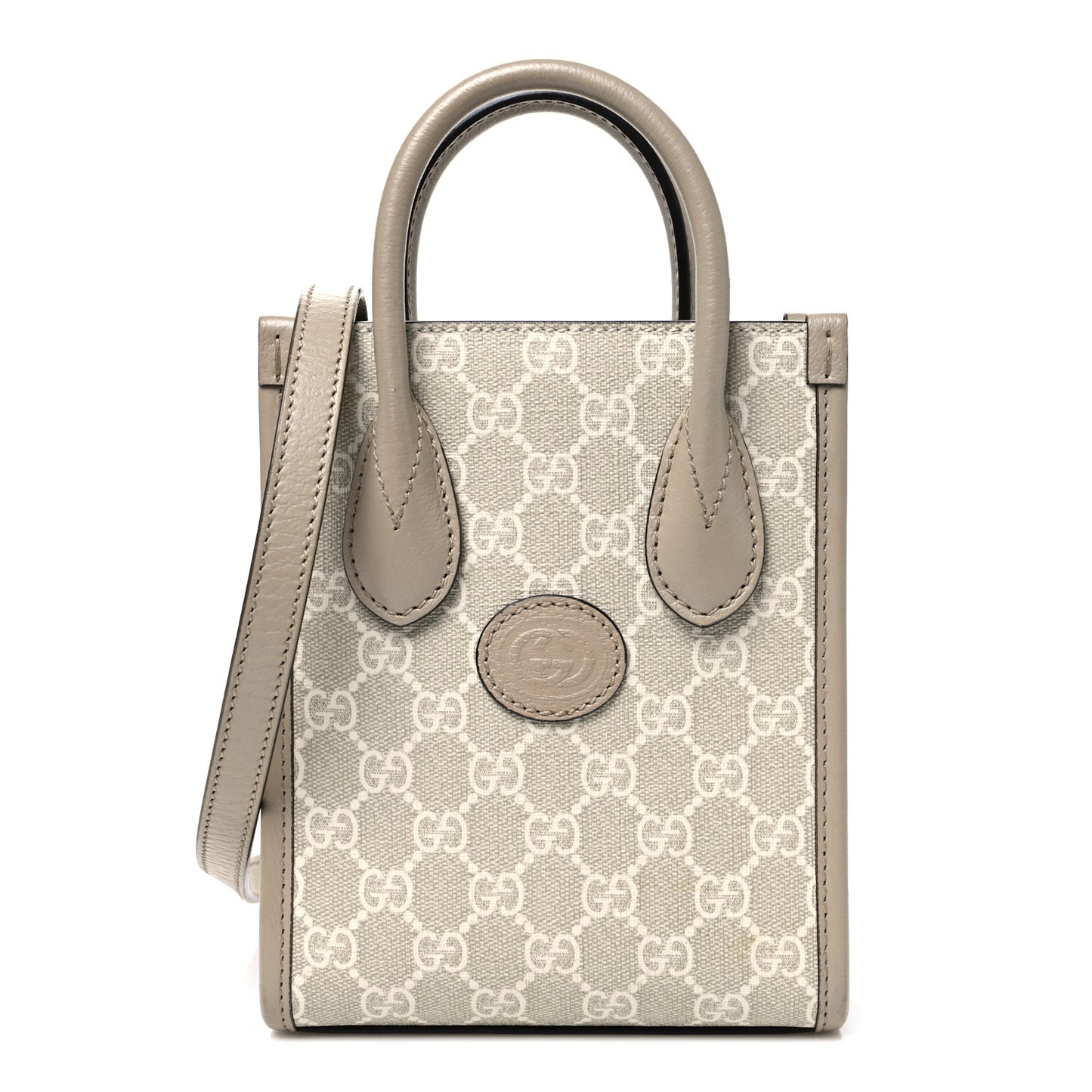 GG Supreme Monogram Textured Dollar Calfskin Mini Retro Interlocking G Tote Bag Beige Mystic White Oatmeal