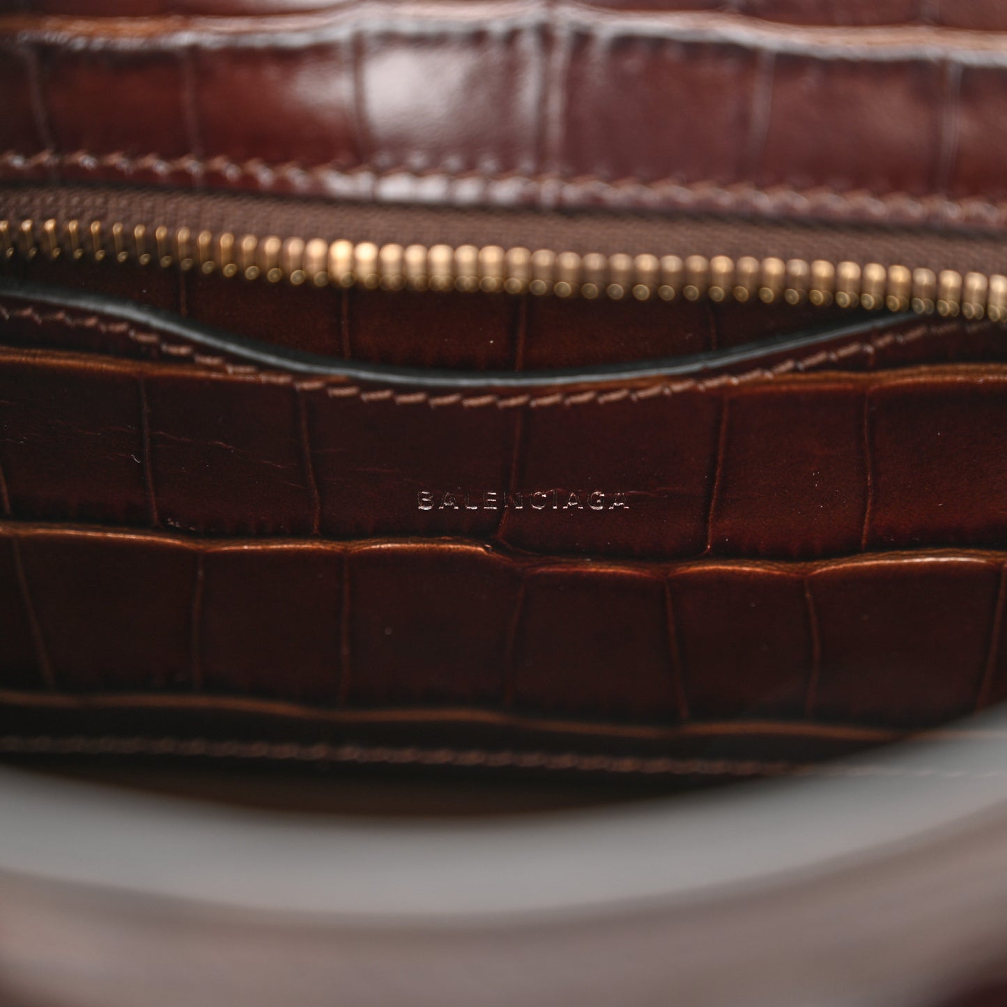 Semi Shiny Calfskin Crocodile Embossed Neo Classic Gold Hardware Mini City Dark Brown