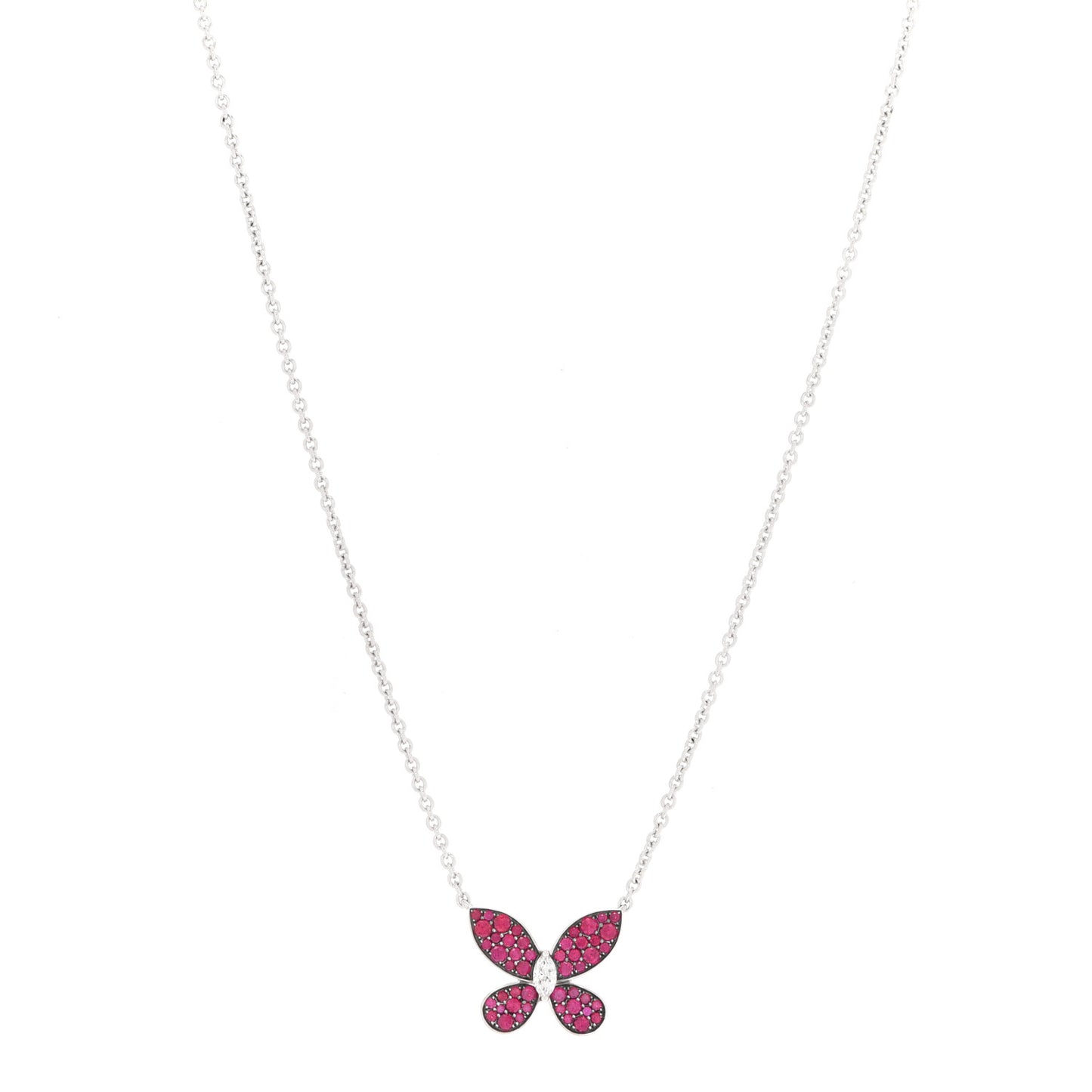 18K White Gold Diamond Ruby Butterfly Pendant Necklace