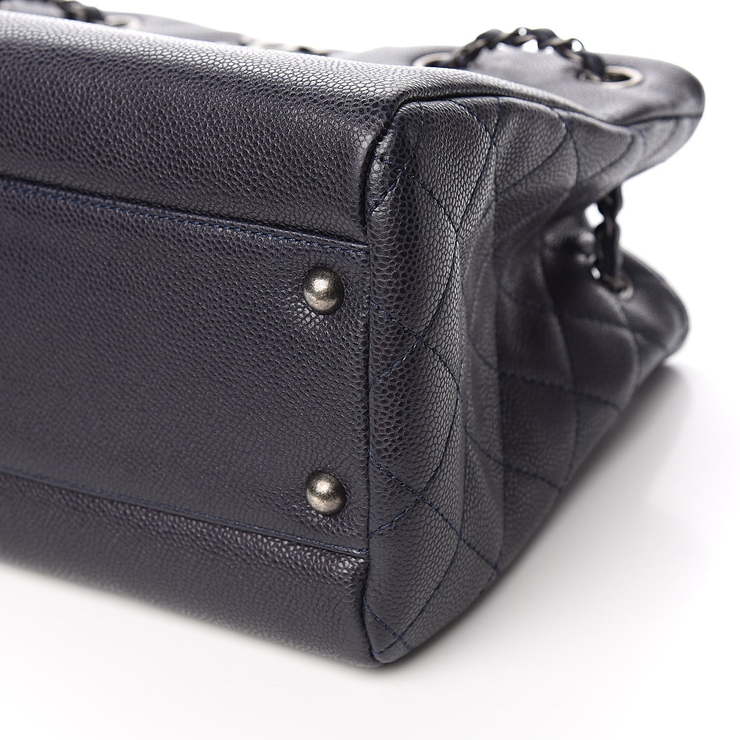 Metallic Grained Calfskin Woven Chain Medium Shopping Tote Dark Navy