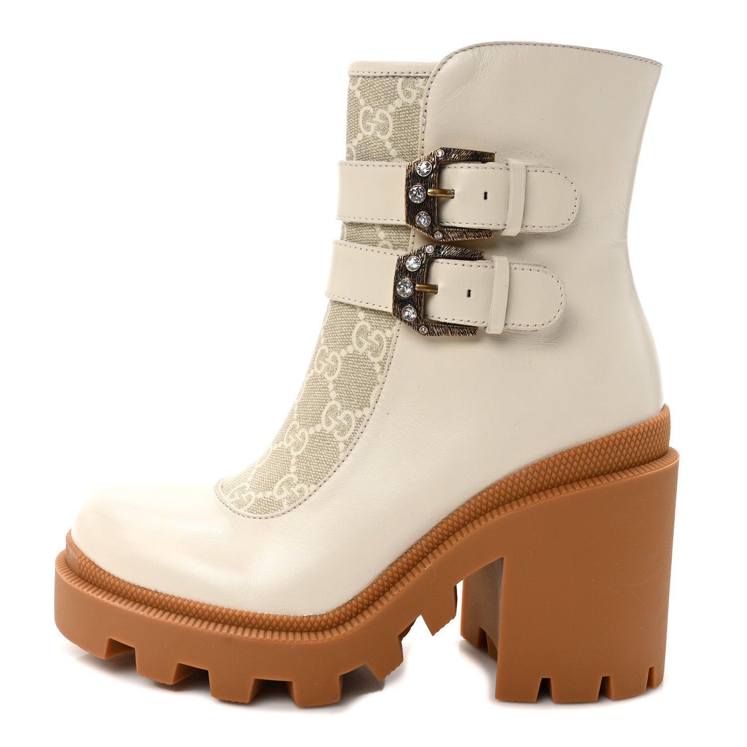 Gucci Kensington Calfskin Nappa GG Supreme Monogram Womens Double Buckle Ankle Boots 35 Mystic White Beige 1 of 8