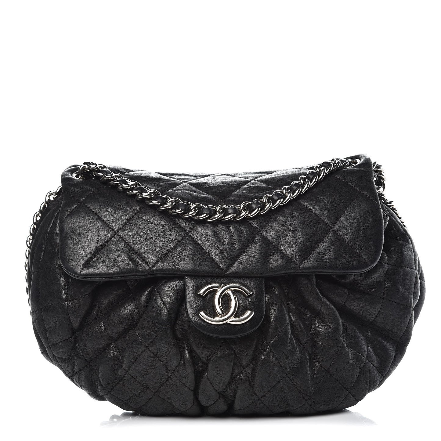 Washed Lambskin Quilted Medium Chain Around Messenger Black