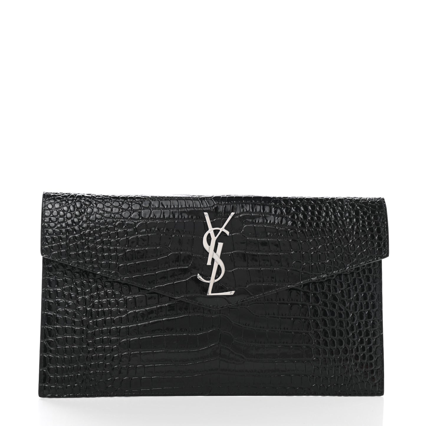 Calfskin Crocodile Embossed Uptown Monogram Clutch Black