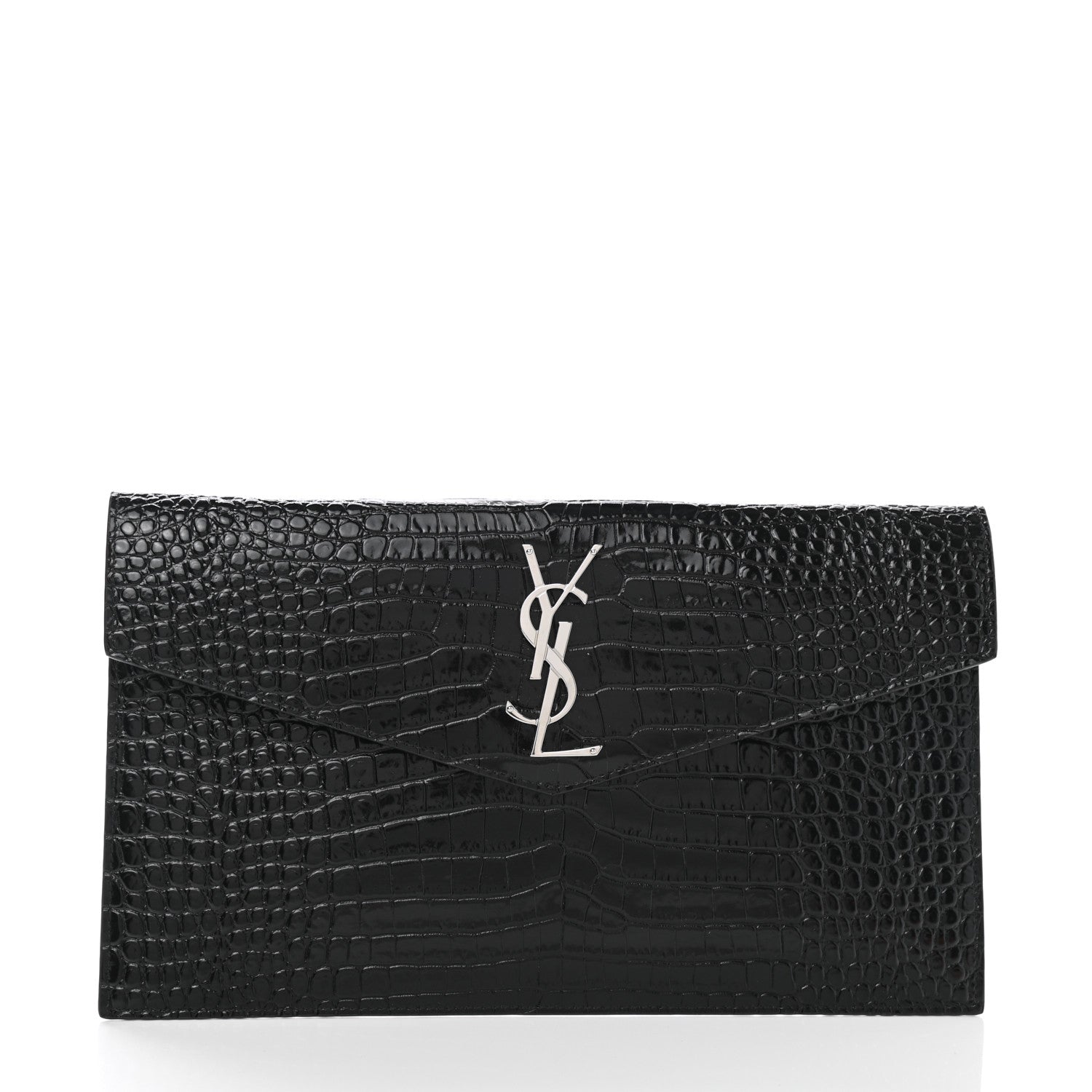 Saint Laurent Calfskin Crocodile Embossed Uptown Monogram Clutch Black 1 of 6