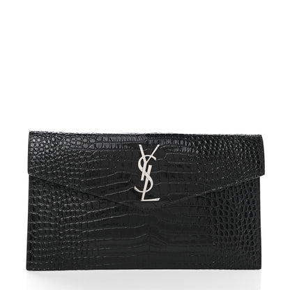 Saint Laurent Calfskin Crocodile Embossed Uptown Monogram Clutch Black 1 of 6