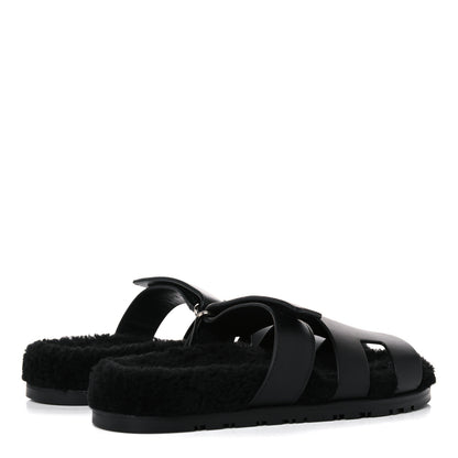 Hermes Calfskin Woolskin Womens Chypre Sandals 38.5 Black 4 of 11