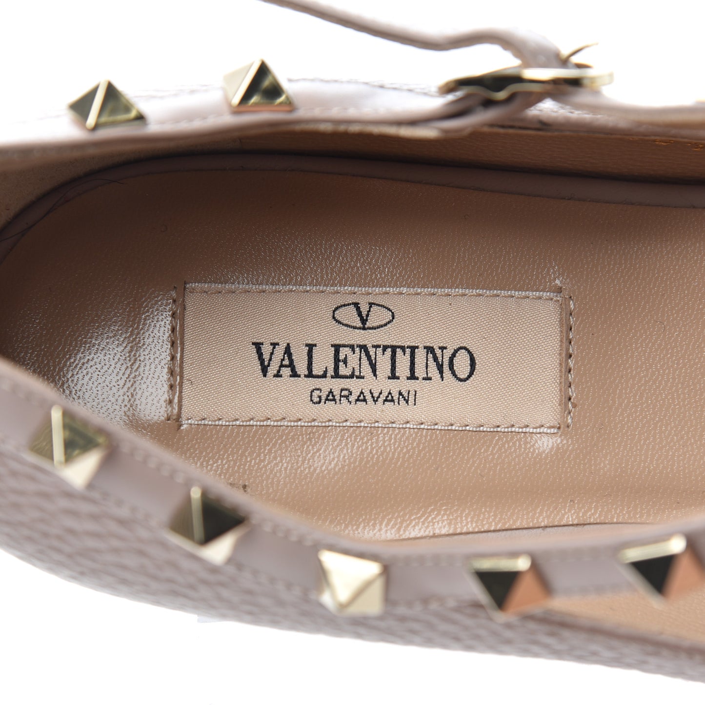 Pebbled Calfskin Rockstud Ankle Strap Ballerina Flats 38.5 Poudre
