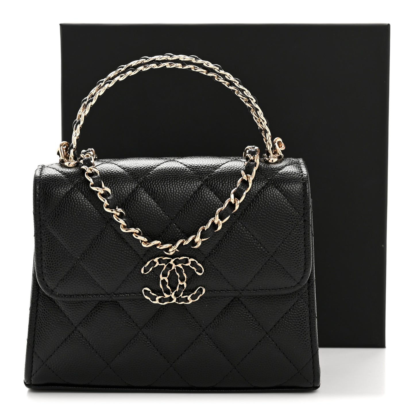 Caviar Quilted Double Chain Top Handle Flap With Chain Black
