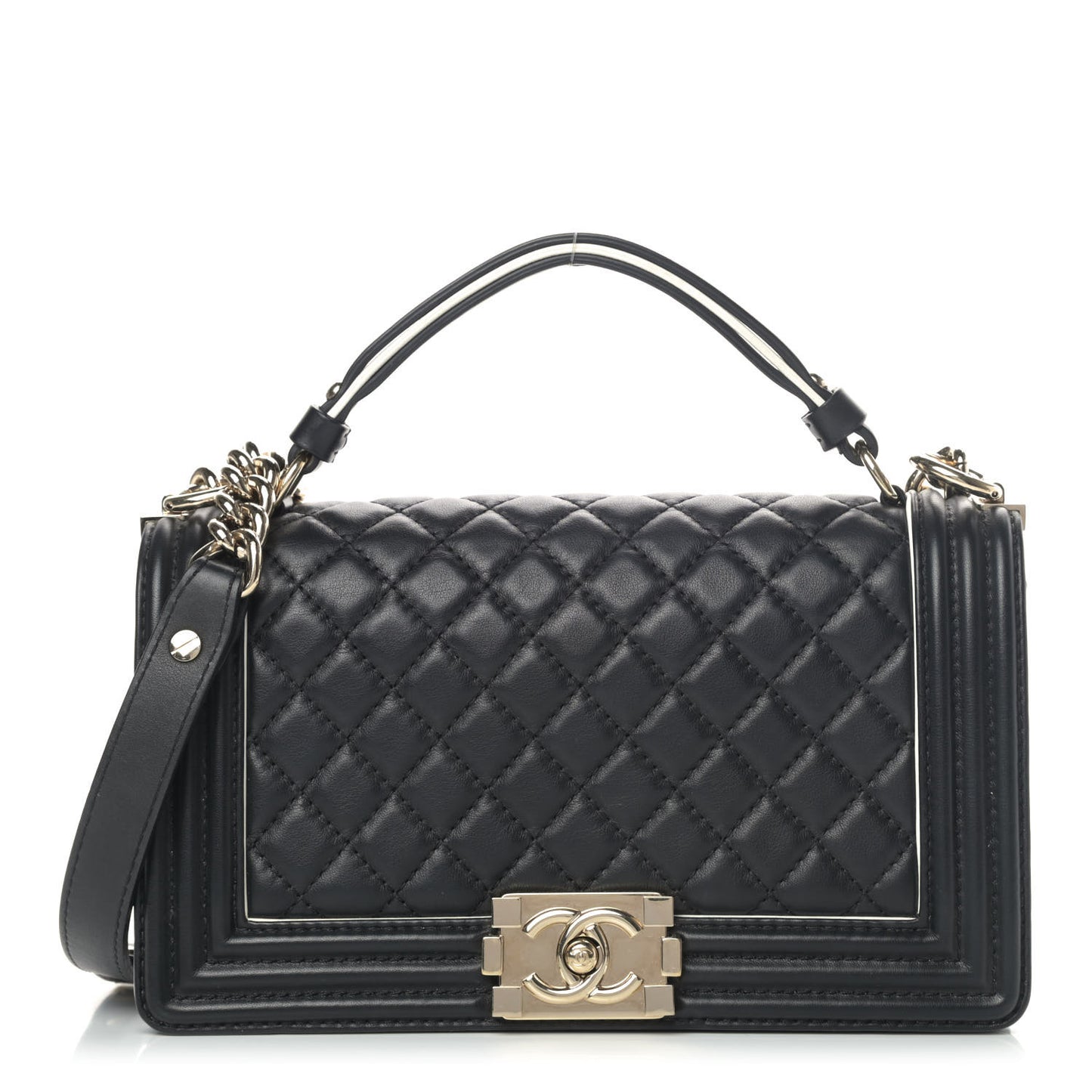 Calfskin Quilted Medium Boy Top Handle Flap Black