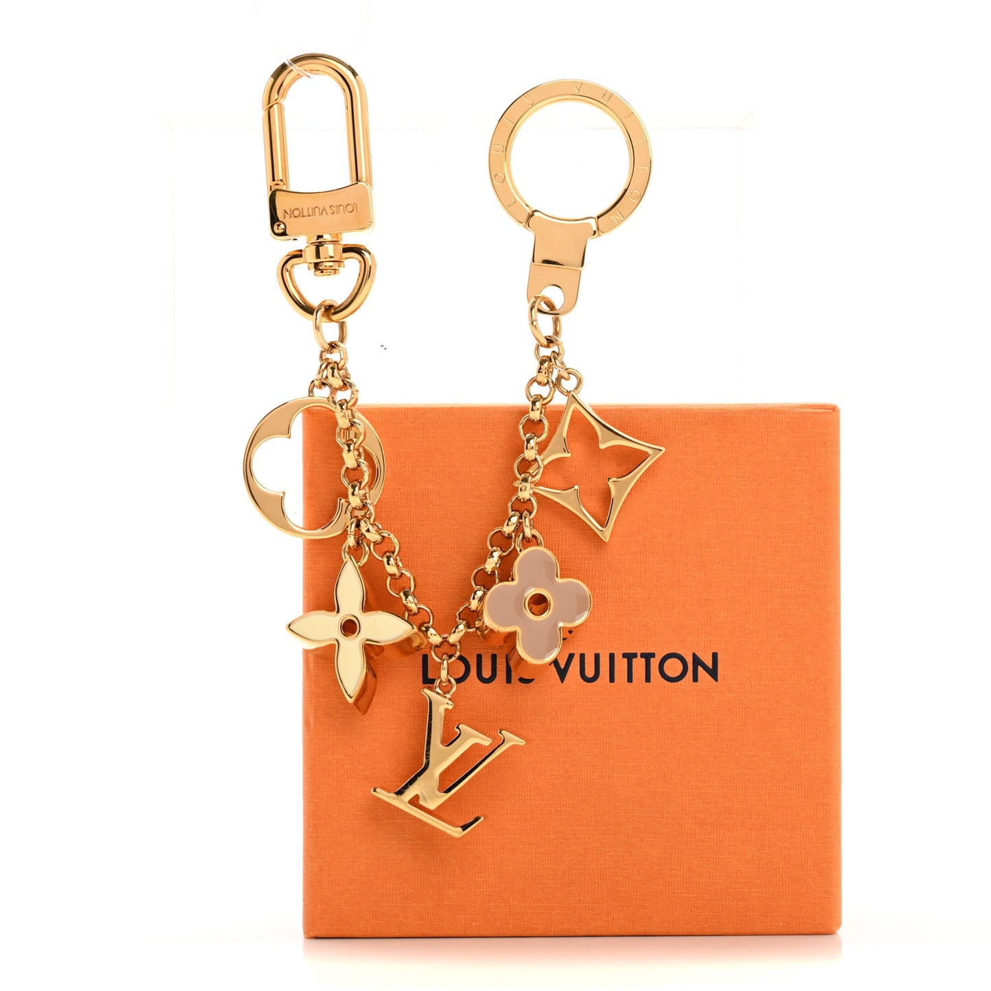 Brass Enamel Fleur De Monogram Bag Charm Chain Gold