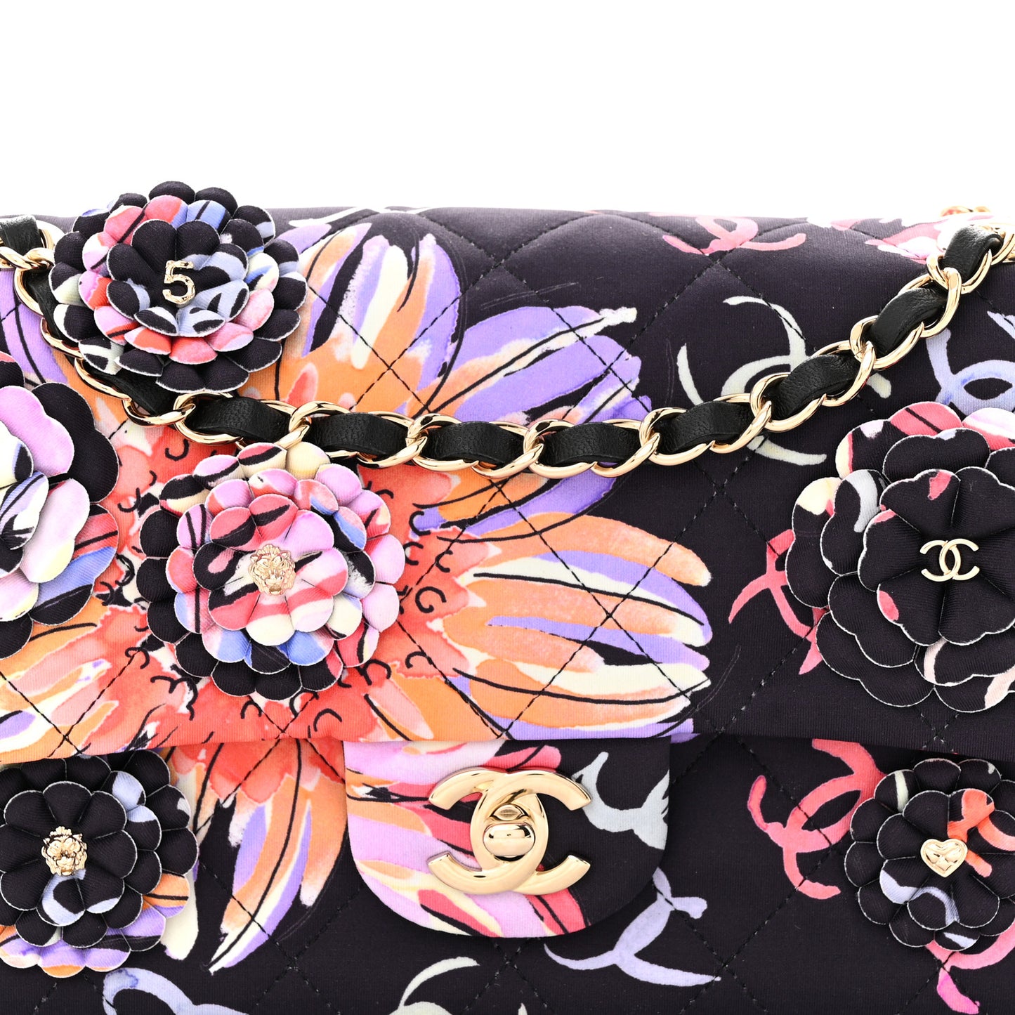 Printed Fabric Quilted Camellia Flap Black Multicolor