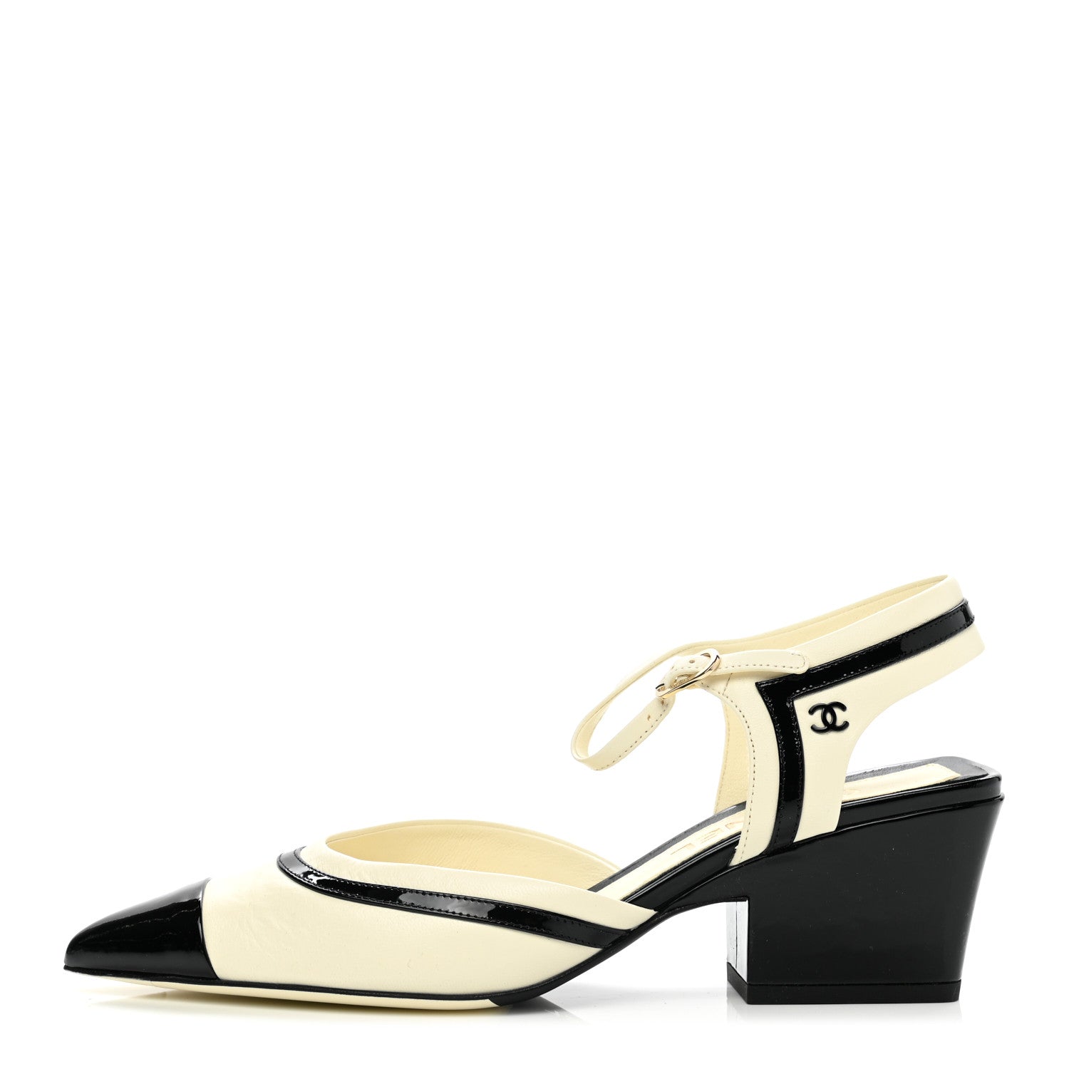 Chanel Lambskin Patent Cap Toe CC Slingback Sandals 38 Ivory Black 2 of 11