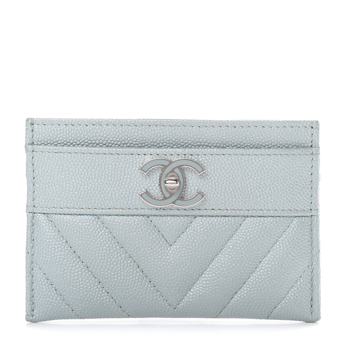 Metallic Caviar Chevron Quilted Vintage Mademoiselle Card Holder Light Blue