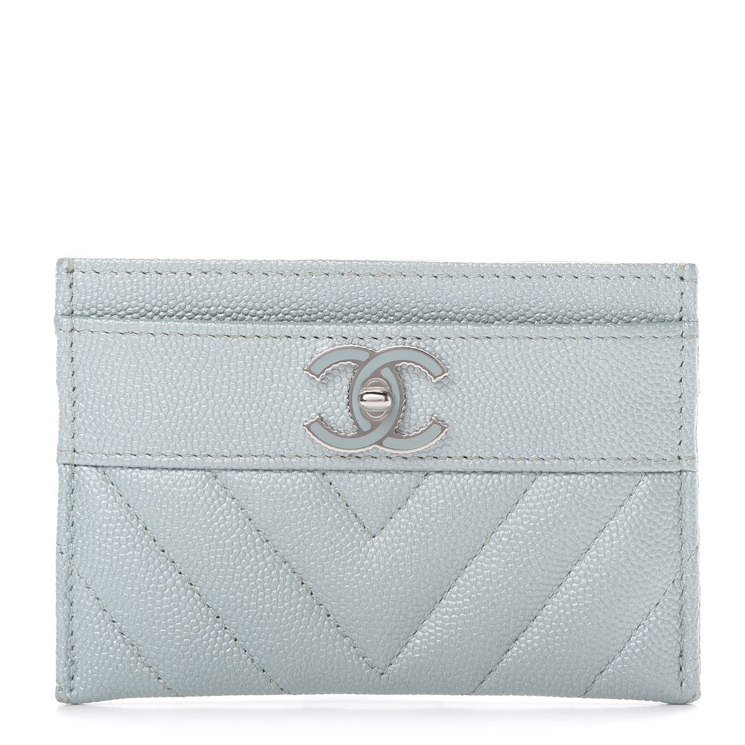 Chanel Metallic Caviar Chevron Quilted Vintage Mademoiselle Card Holder Light Blue 1 of 8
