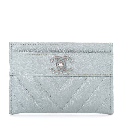 Chanel Metallic Caviar Chevron Quilted Vintage Mademoiselle Card Holder Light Blue 1 of 8