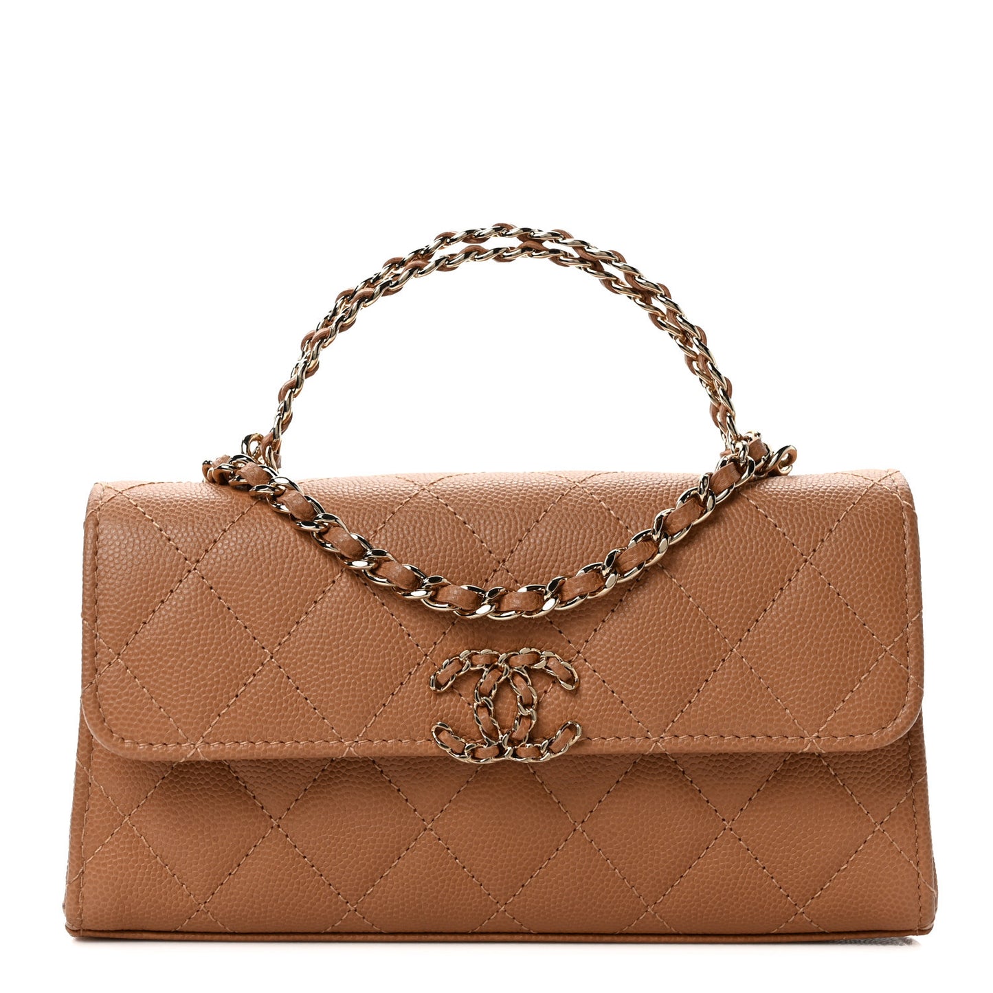 Caviar Quilted Chain Match Top Handle Phone Holder With Chain Beige
