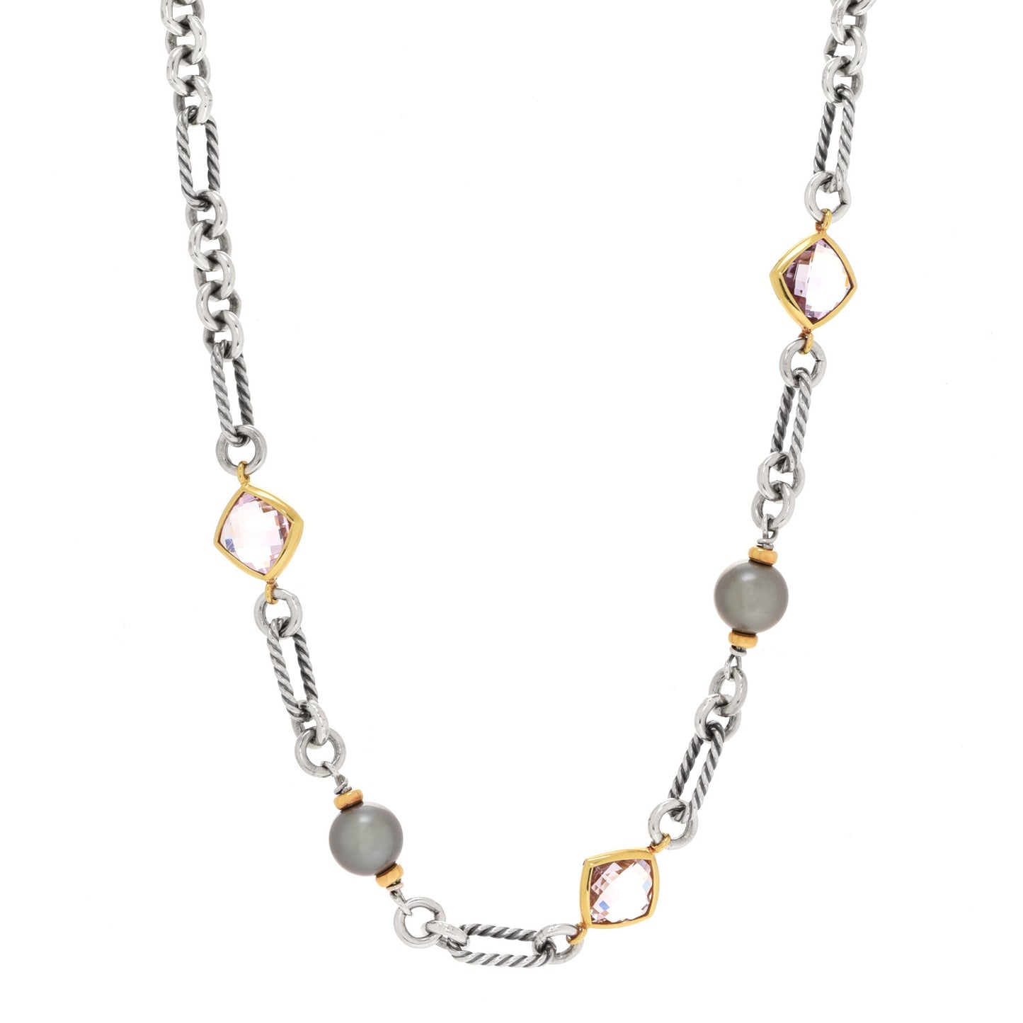 Sterling Silver 18K Yellow Gold Amethyst Pearl Figaro Chain Necklace