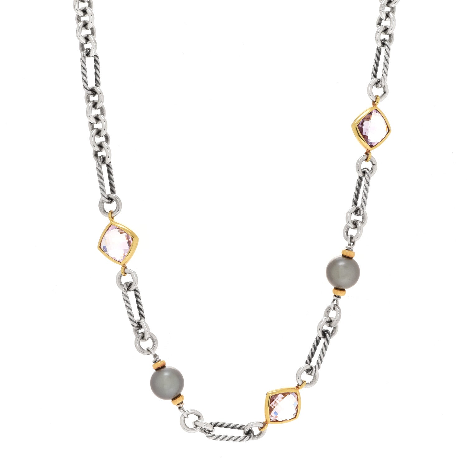 David Yurman Sterling Silver 18K Yellow Gold Amethyst Pearl Figaro Chain Necklace 1 of 8