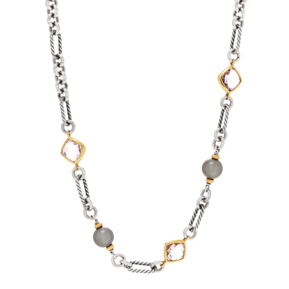 David Yurman Sterling Silver 18K Yellow Gold Amethyst Pearl Figaro Chain Necklace 1 of 8